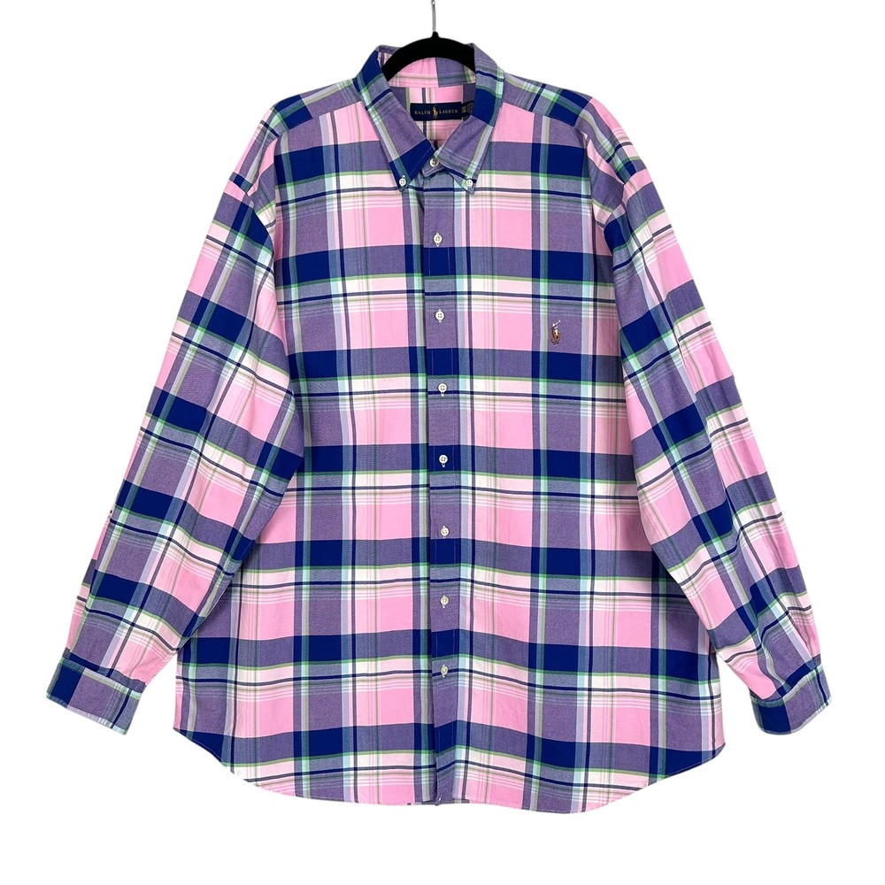 Polo Ralph Lauren Mens 2XLT Plaid Button Down Oxford Shirt Pink Blue Classic Fit